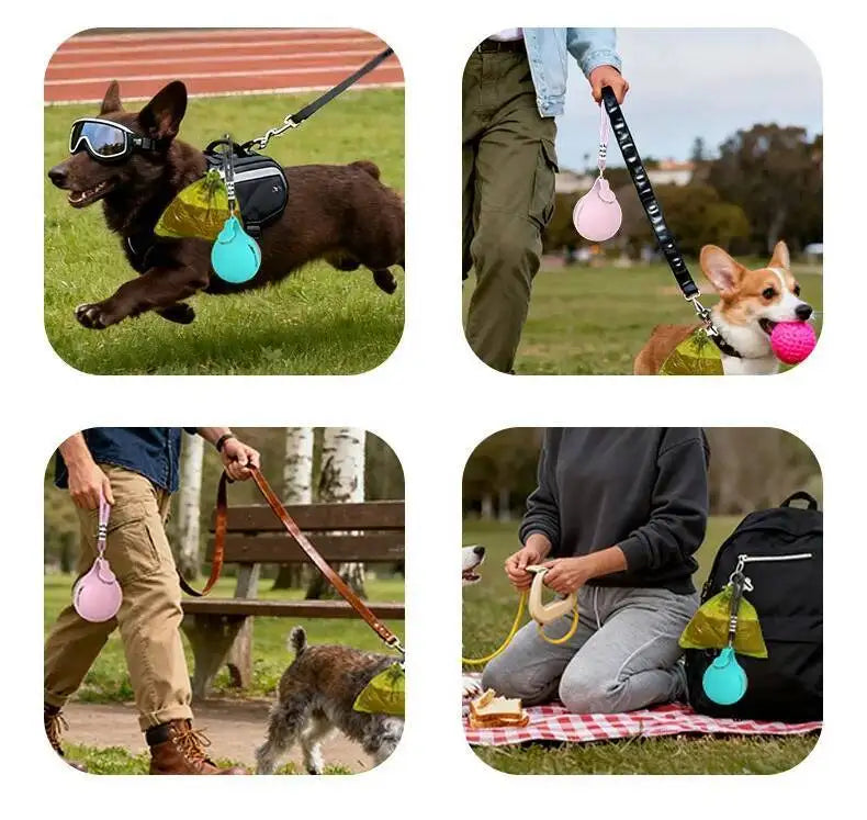 Collage of people with dogs using a pet toy or device, with text 'Hang It However You Like'.